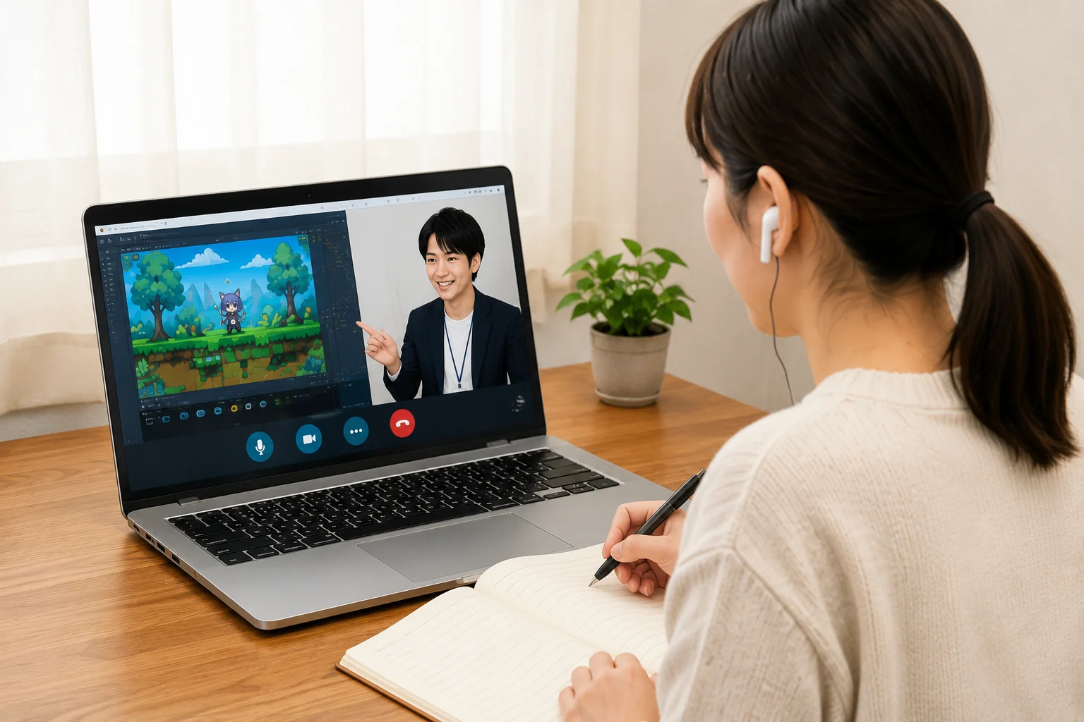 パソコン画面のゲーム開発をオンラインで学ぶ女性